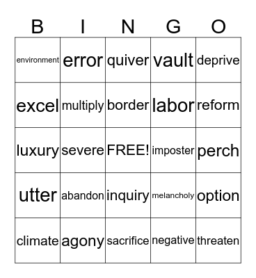 Vocabulary Bingo Card