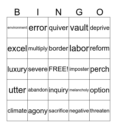 Vocabulary Bingo Card