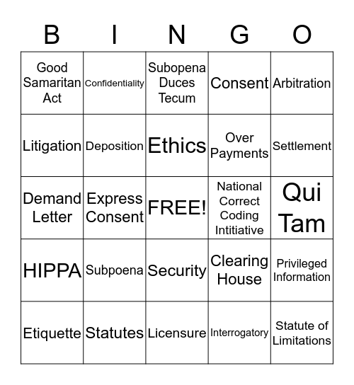 Law and Ethics Mod 1 Bingo Card