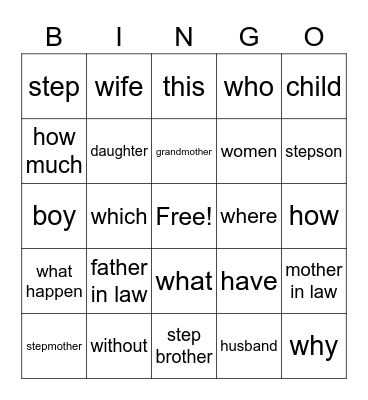Family/ WH Questoin Bingo Card