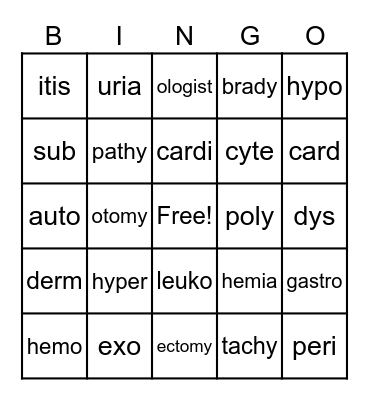 Medical Terms Bingo Card