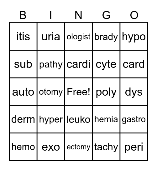 Medical Terms Bingo Card