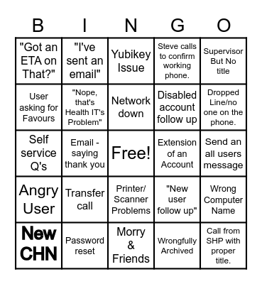 Call Centre Bingo Card