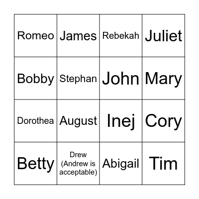 Taylor's Names (TV) Bingo Card