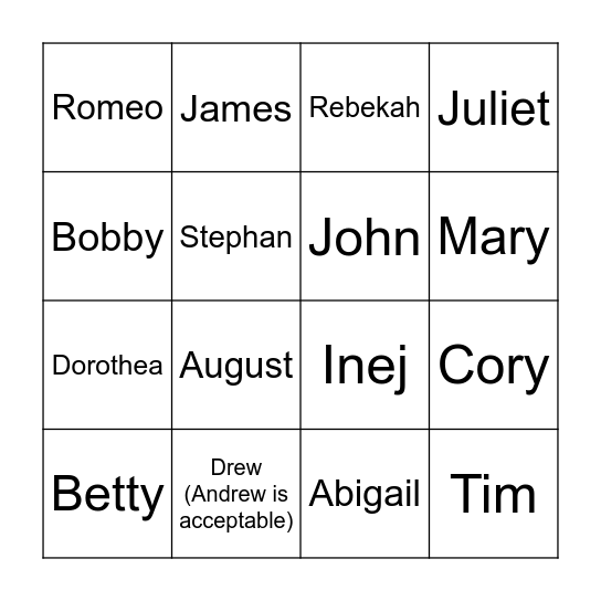 Taylor's Names (TV) Bingo Card