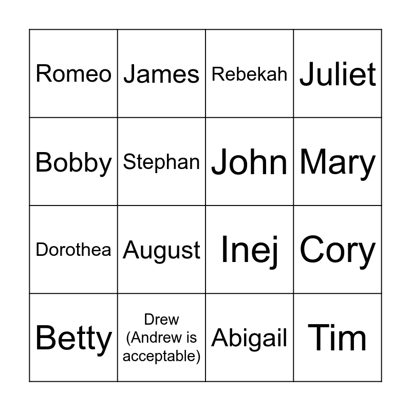 Taylor's Names (TV) Bingo Card