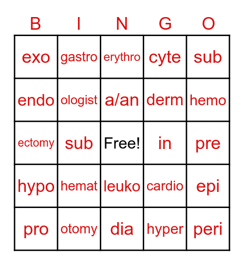 Medical Terms Bingo Card