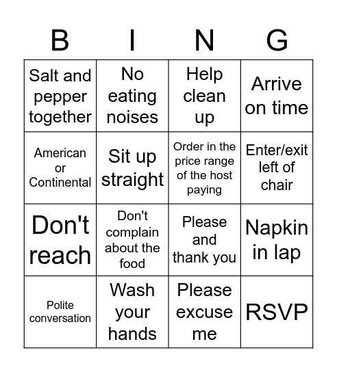 Etiquette Bingo Card