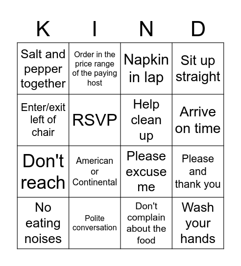 Etiquette Bingo Card