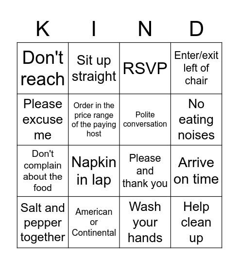 Etiquette Bingo Card