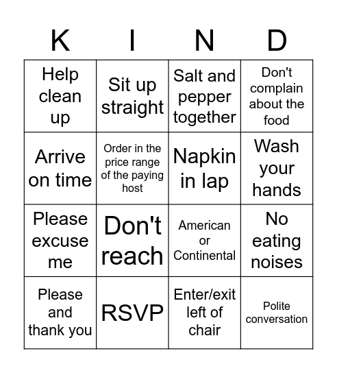 Etiquette Bingo Card