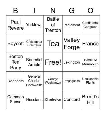 American Revolution Bingo! Bingo Card