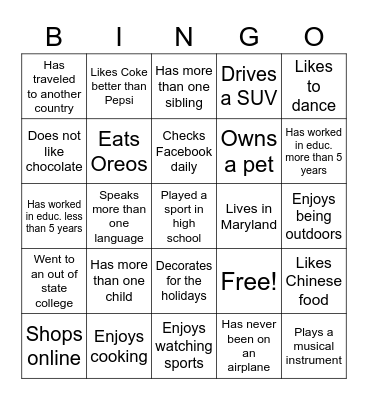 Staff Scavenger Hunt Bingo Card