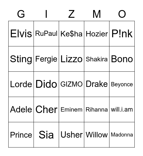 Singers with One Name Bingo Card