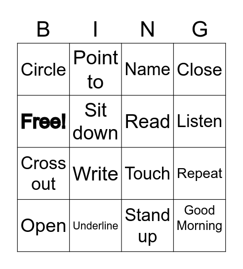Class room directions Bingo Card
