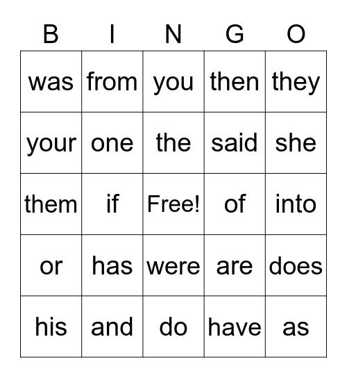 Trick Words Bingo Card