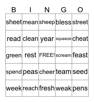 "ee", "ea", and short "e" BINGO Card