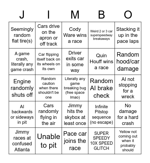 JIMMER PLAYS BROKEN NASCAR GAME Bingo Card