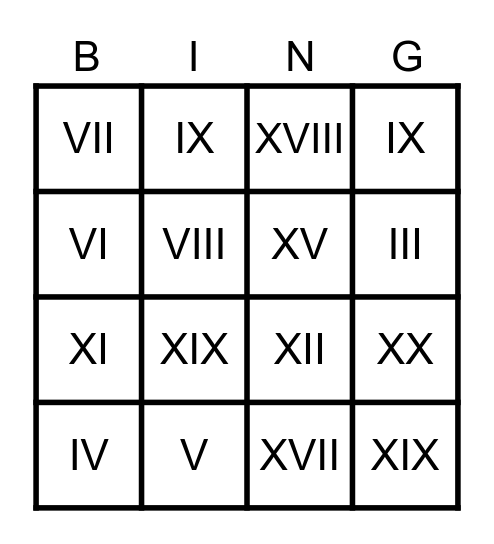 RÓMAI SZÁMOK Bingo Card