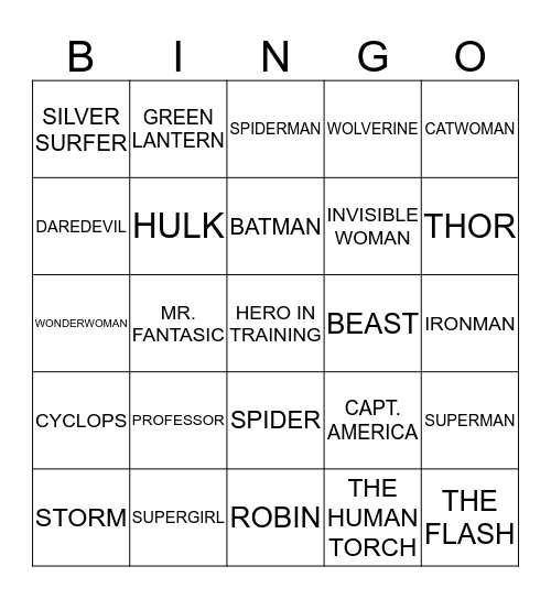 SUPERHERO BINGO Card