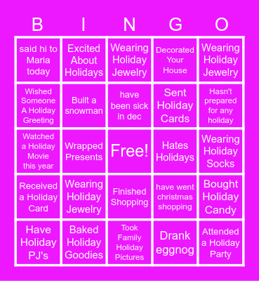 Holiday Fun Bingo Card