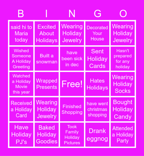 Holiday Fun Bingo Card