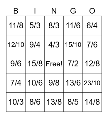 Improper fraction and mixed number Bingo Card