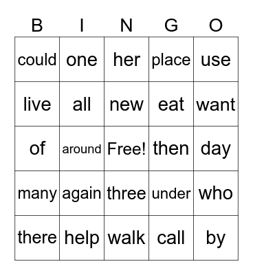 Sight Words Unit 2 Bingo Card