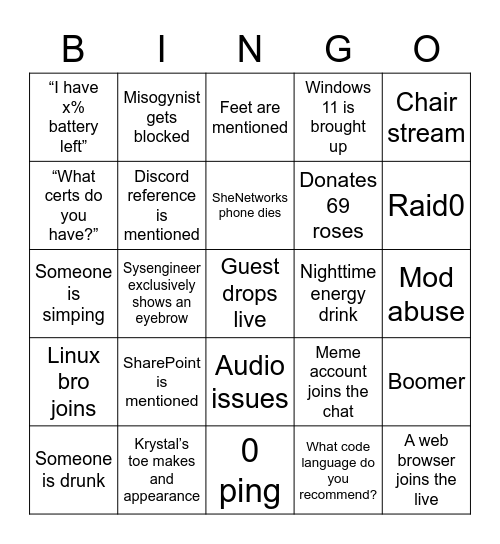 TechTok Live Bingo Card