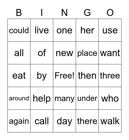 Sight Word Bingo Unit 2 Bingo Card