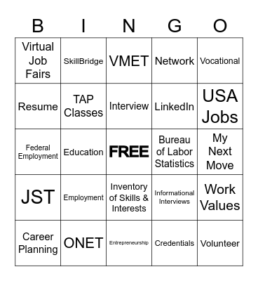 CAREER PLANNING Bingo Card