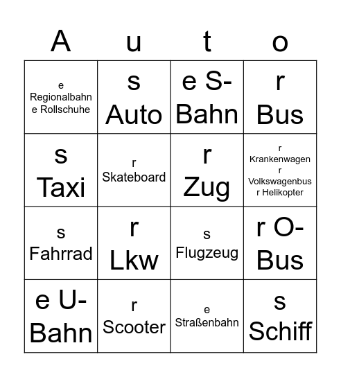 Verkehrsmittel Bingo Card