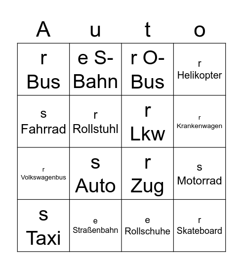 Verkehrsmittel Bingo Card
