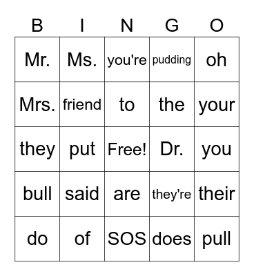 Irregular Words Bingo Card