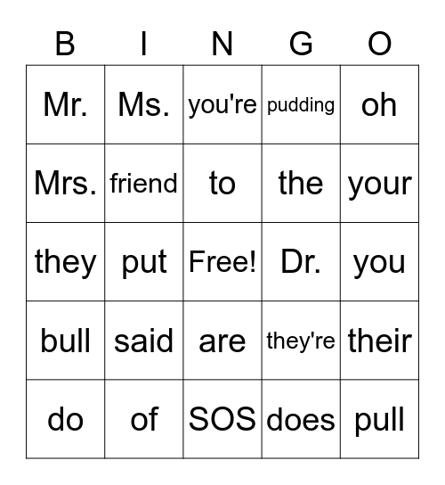 Irregular Words Bingo Card