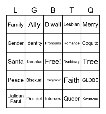 LGBTQ+ Holiday Bingo Card