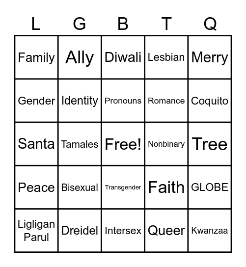 LGBTQ+ Holiday Bingo Card