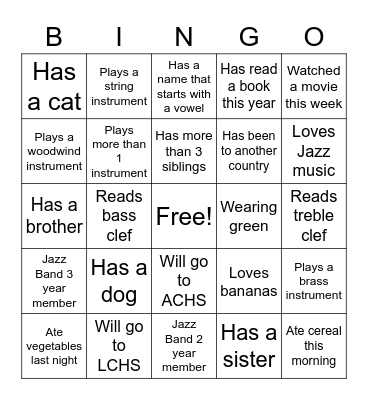 JAZZ BAND Getting to Know You Bingo Card