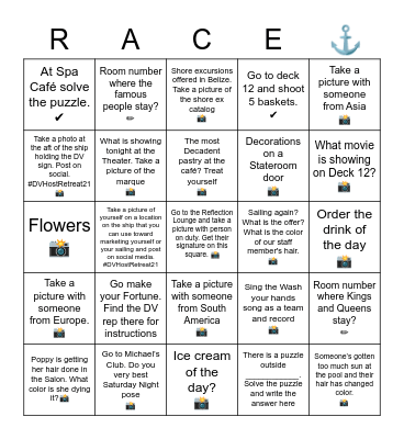 Celebrity Amazing Race Bingo Card