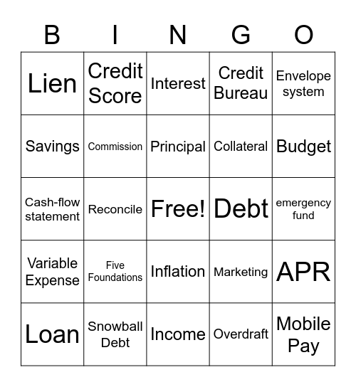 Personal Finance Bingo Card