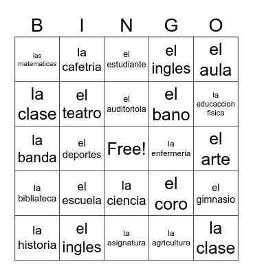 spanish classroom vocabulary Bingo Card