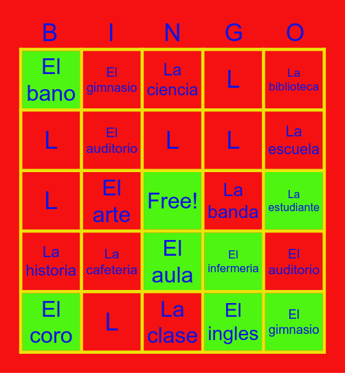 Spanish school words Bingo Card