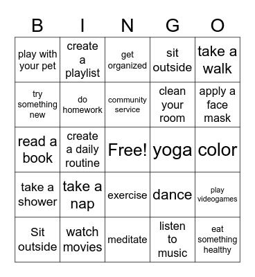 Coping Skill BINGO Card