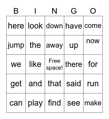 sight word Bingo Card