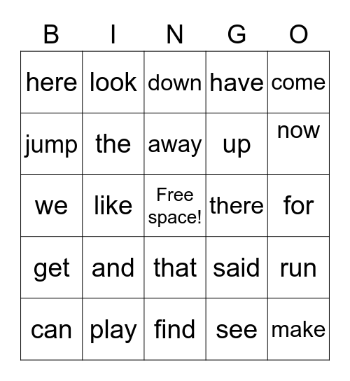 sight word Bingo Card