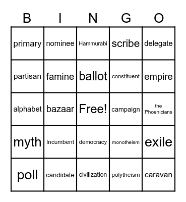 Social Studies Bingo:  Elections & Ancient History Bingo Card