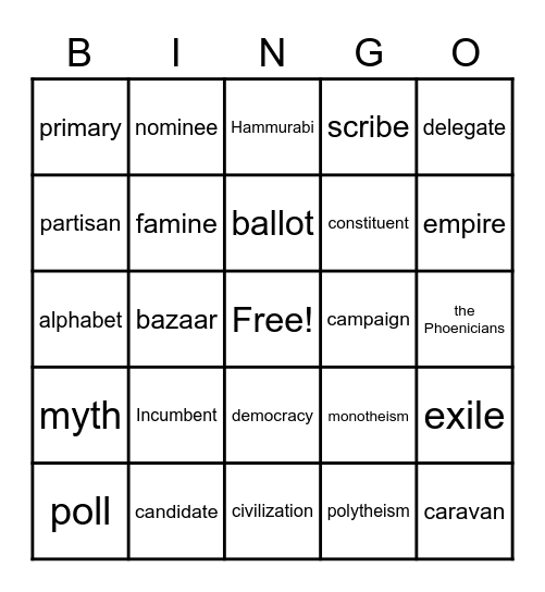 Social Studies Bingo:  Elections & Ancient History Bingo Card