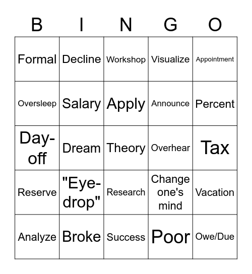 Lesson 10: Around the Office Bingo Card