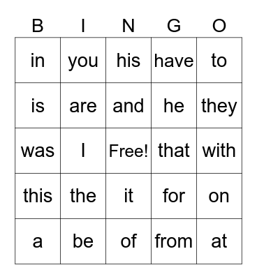 Kindergarten Sight Words Bingo Card