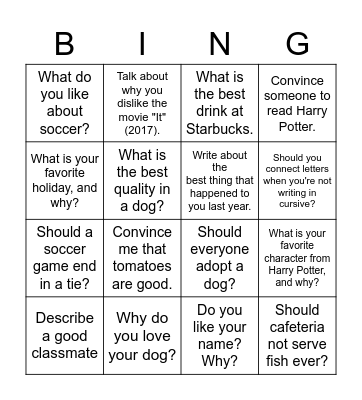 Writing Bingo Card